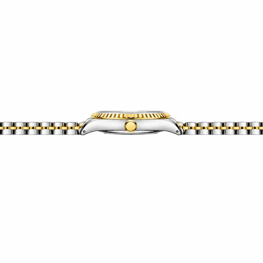 Montre femme dorée à cadran vert Minoran GoldenStar Lady, vue de profil à l’horizontale