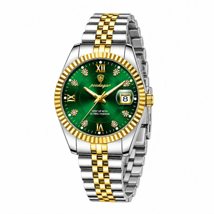 Montre femme dorée à cadran vert Minoran GoldenStar Lady, vue en arc, côté couronne