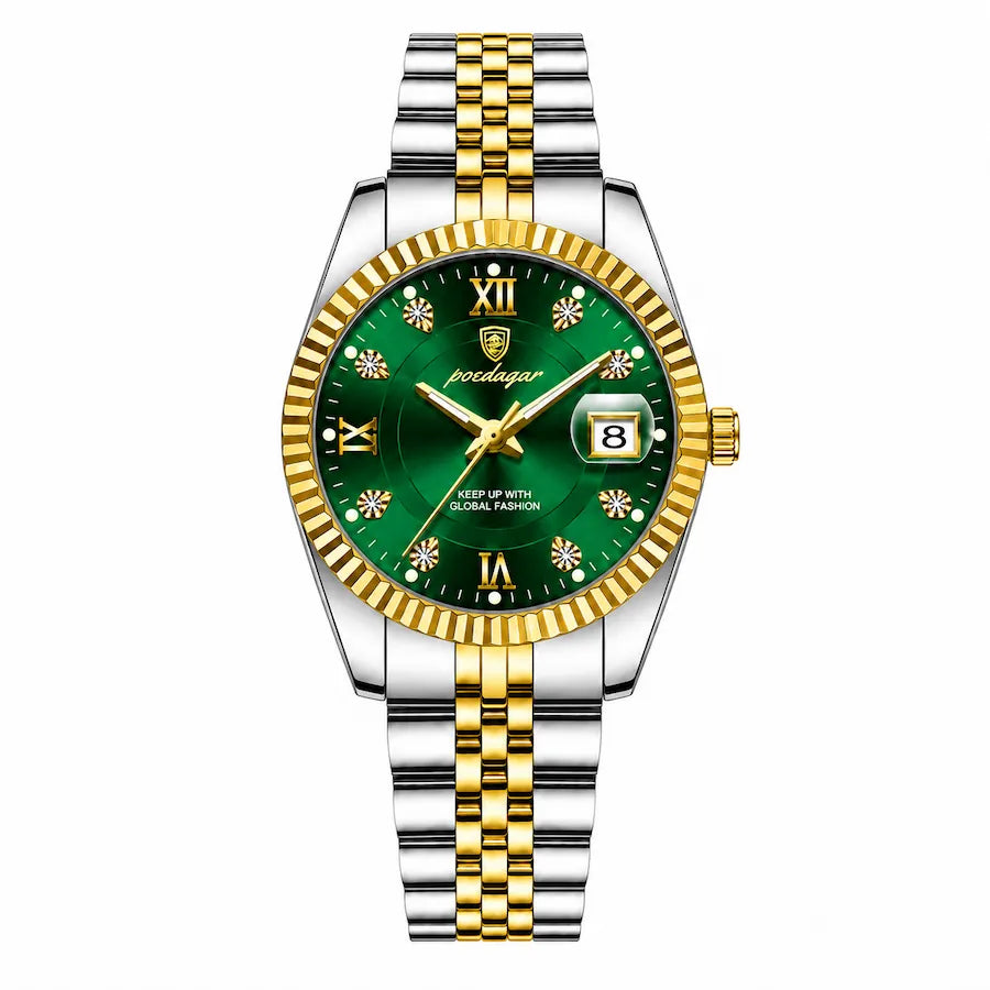 Montre femme dorée à cadran vert Minoran GoldenStar Lady, vue de face sur fond blanc