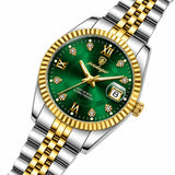 Montre femme dorée à cadran vert Minoran GoldenStar Lady, gros plan en diagonale du cadran