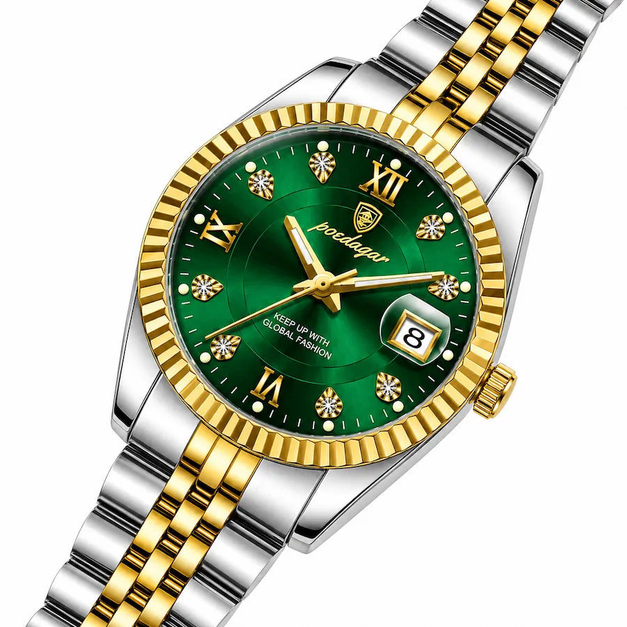 Montre femme dorée à cadran vert Minoran GoldenStar Lady, gros plan en diagonale du cadran