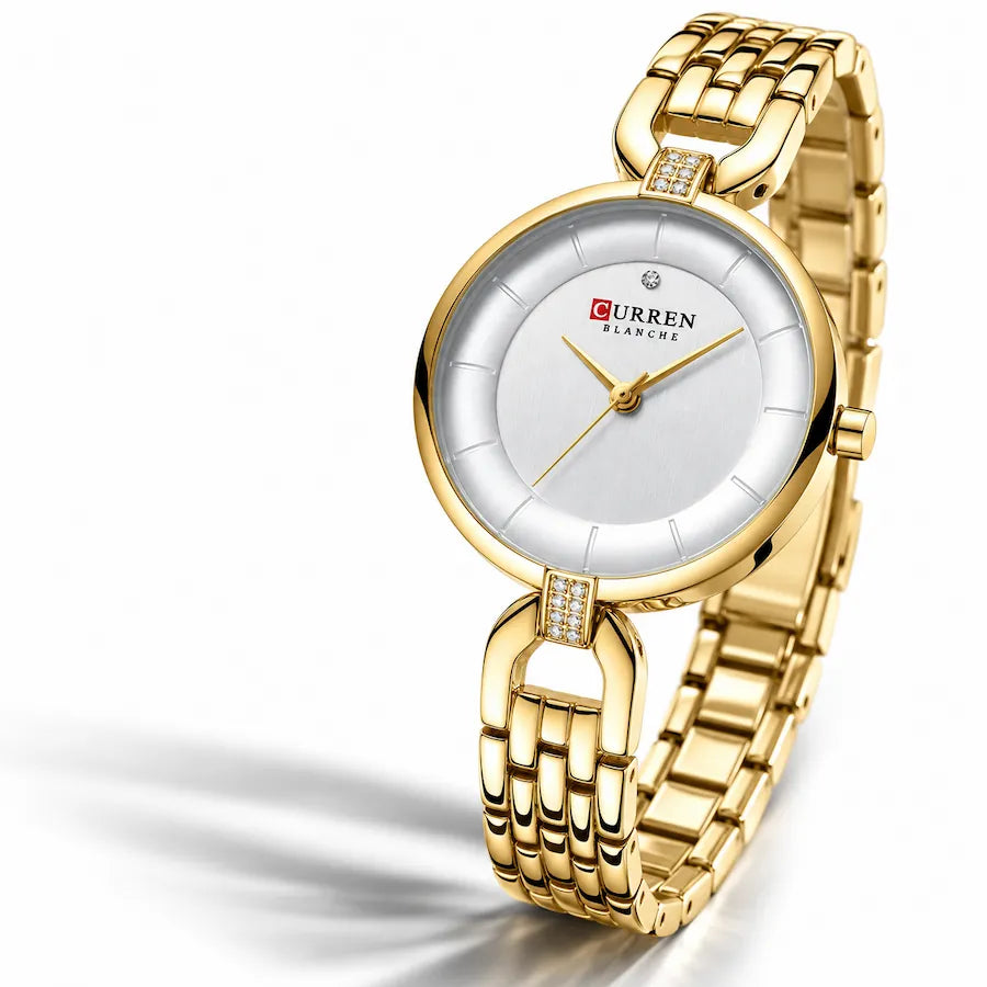 Montre femme dorée Minoran 9052 vue de trois quarts sur fond blanc