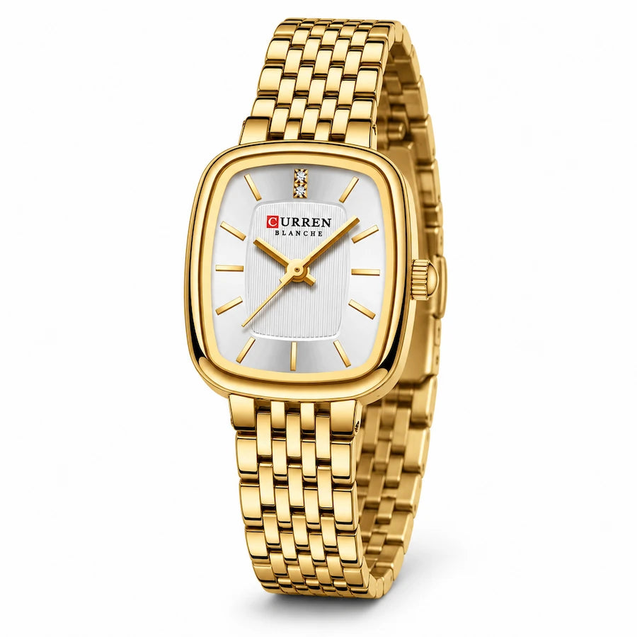 Montre femme dorée Minoran 9093 avec cadran rectangulaire blanc et bracelet en acier inoxydable, vue de face
