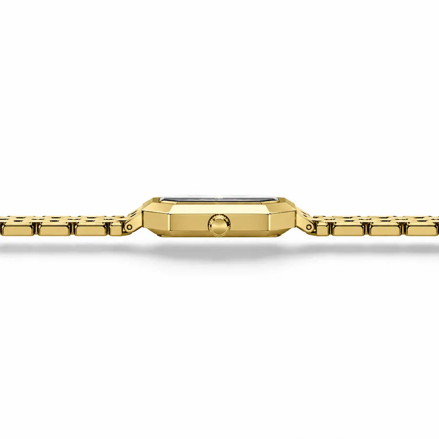 Profil à 90 degrés de la montre femme dorée Minoran 9108 avec bracelet en acier inoxydable