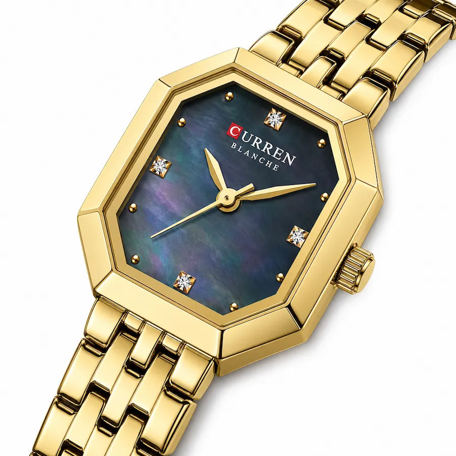 Gros plan diagonal de la montre femme dorée Minoran 9108 et de son cadran bleu
