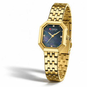 Montre femme dorée Minoran 9108 à cadran bleu en vue trois quarts