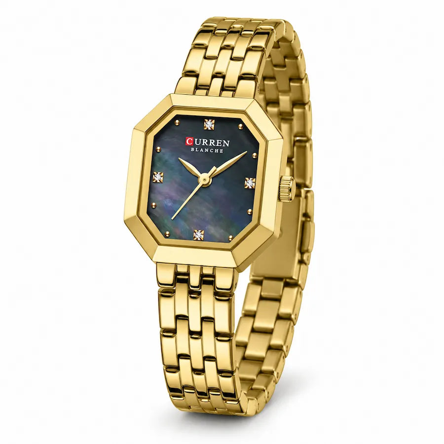 Montre femme dorée rectangulaire Minoran 9108 à cadran bleu, vue de face