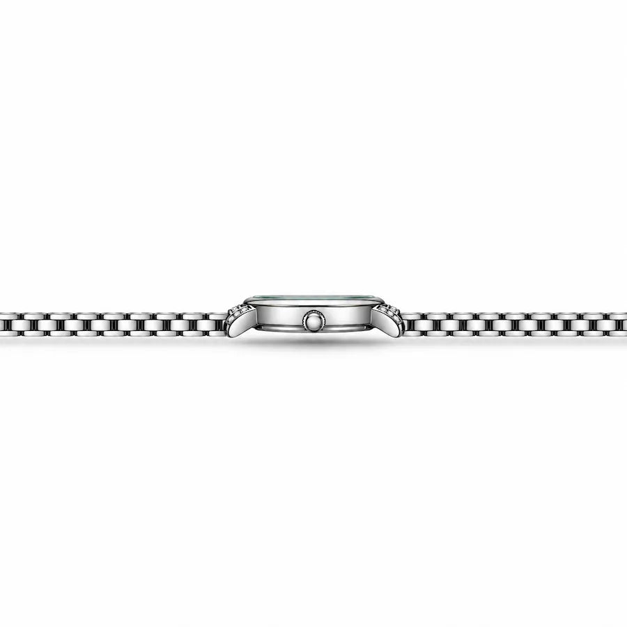 Profil de la montre femme Minoran 9098 avec bracelet fin argenté en acier inoxydable