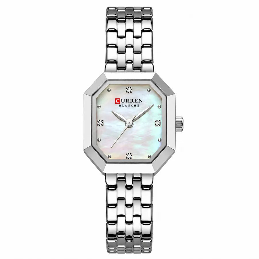 Montre femme Minoran 9108 argentée à cadran blanc nacré, vue de face