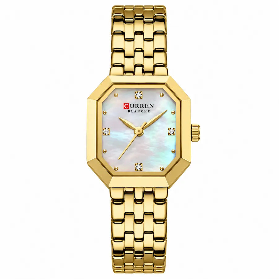 Montre femme Minoran 9108 dorée à cadran blanc nacré, vue de face