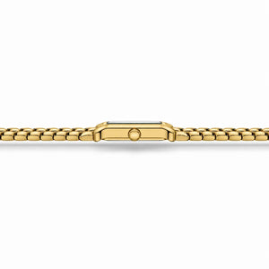 Profil de la montre femme Minoran 9115 avec bracelet doré fin en acier inoxydable