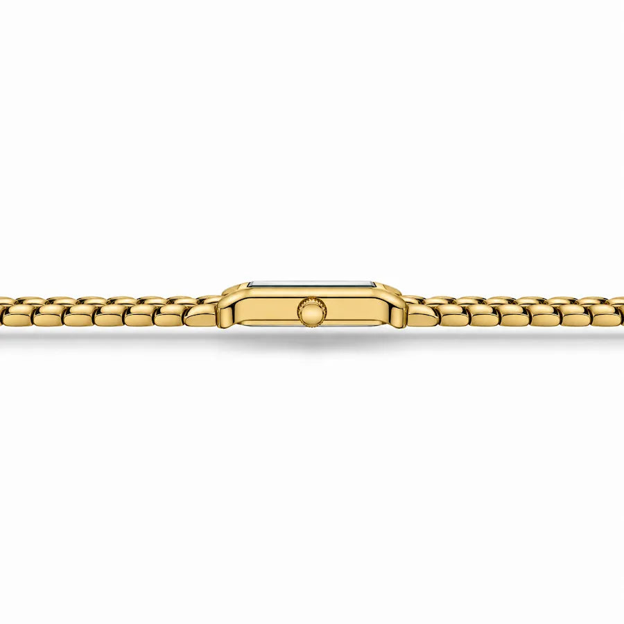 Profil de la montre femme Minoran 9115 avec bracelet doré fin en acier inoxydable