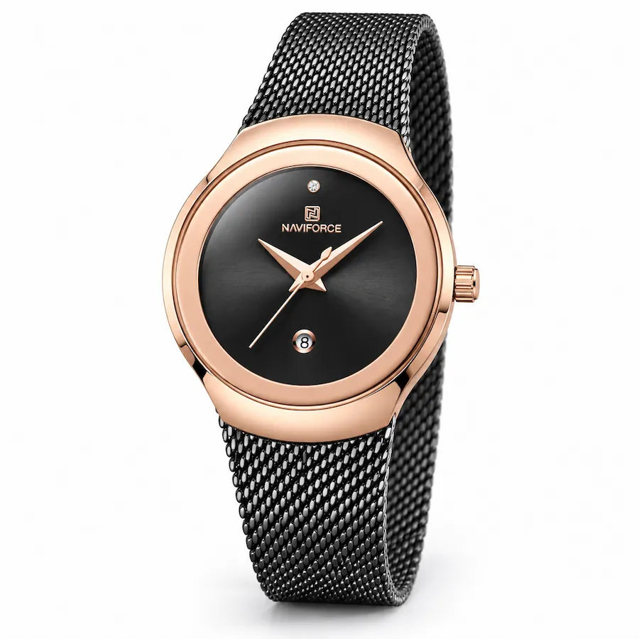 Montre femme Minoran NF5004 noire à boîtier or rose, cadran noir et maille milanaise noire