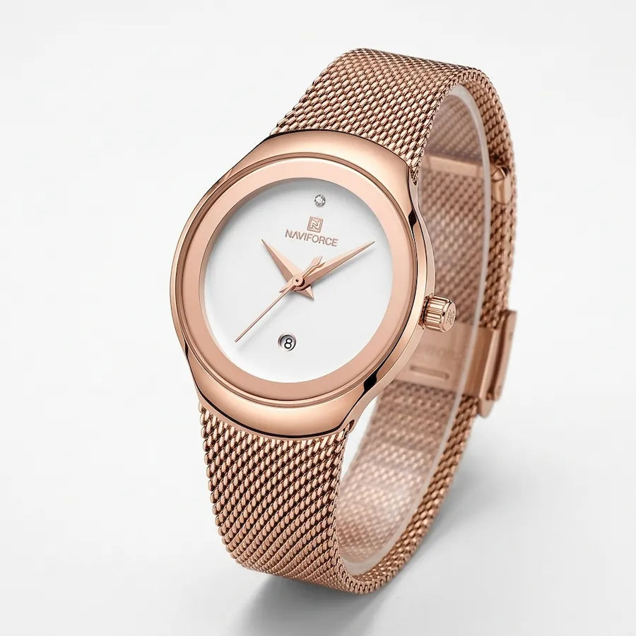 Montre femme Minoran NF5004 or rose à cadran blanc et maille milanaise, vue de trois quarts
