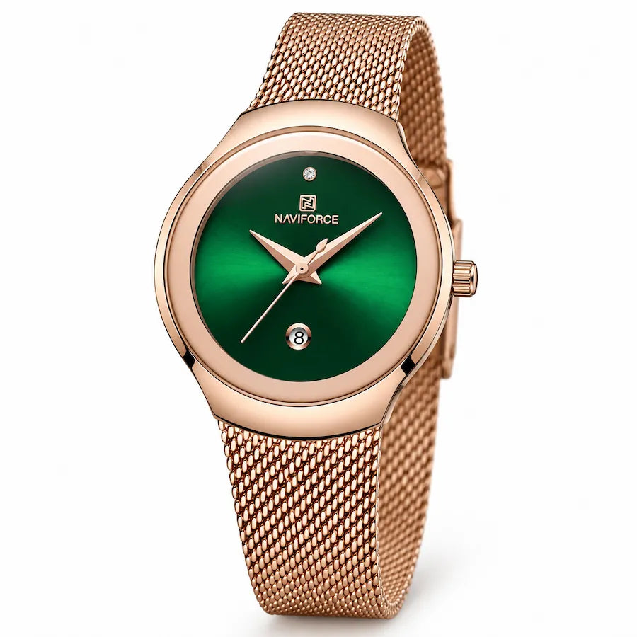 Montre femme Minoran NF5004 or rose à cadran vert émeraude et maille milanaise, vue de trois quarts