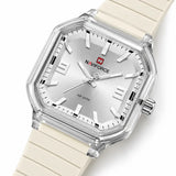 Montre Minoran NF6108, bracelet silicone crème, cadran argenté, vue diagonale rapprochée