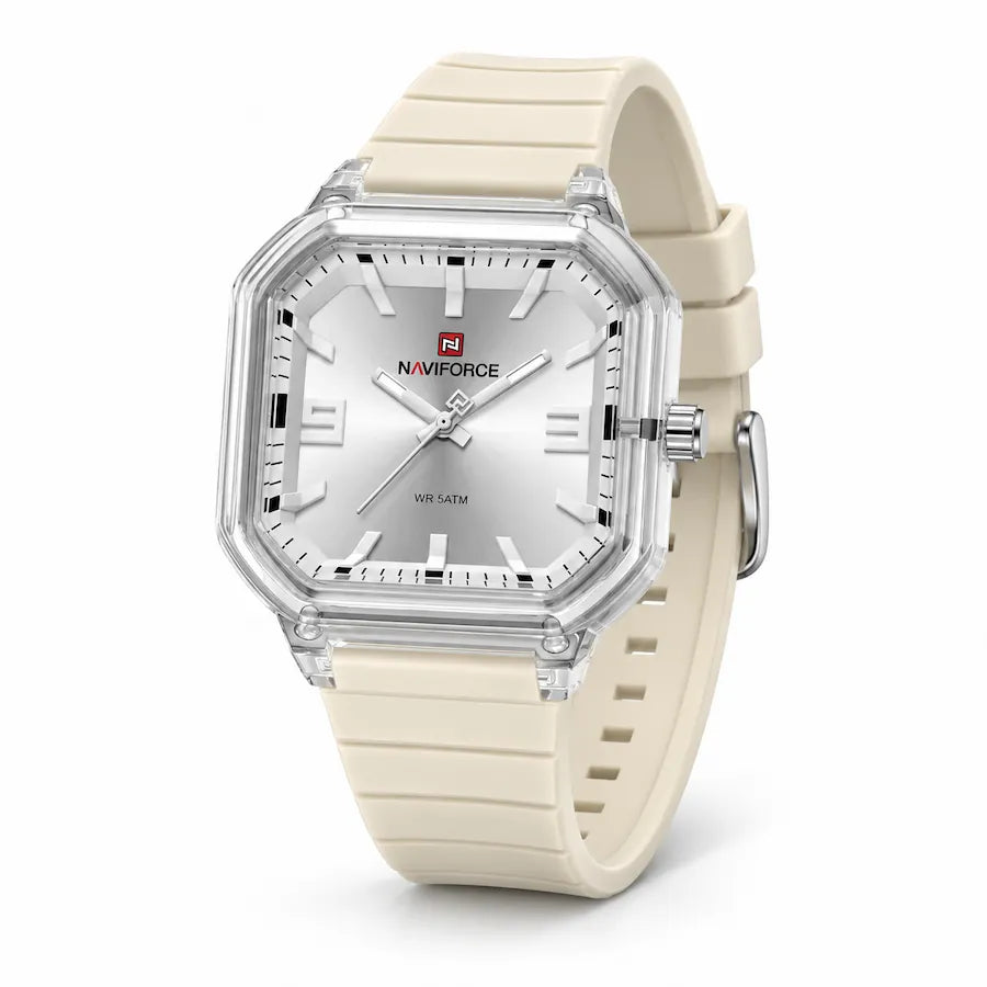 Montre Minoran NF6108, bracelet silicone crème, cadran argenté, vue principale