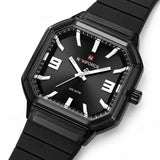 Montre Minoran NF6108, bracelet silicone noir, cadran noir, vue diagonale rapprochée
