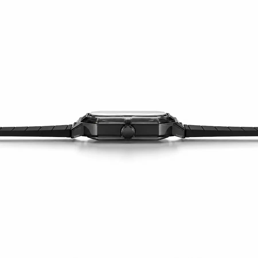 Montre Minoran NF6108, bracelet silicone noir, cadran noir, vue de profil