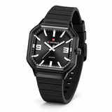 Montre Minoran NF6108, bracelet silicone noir, cadran noir, vue principale