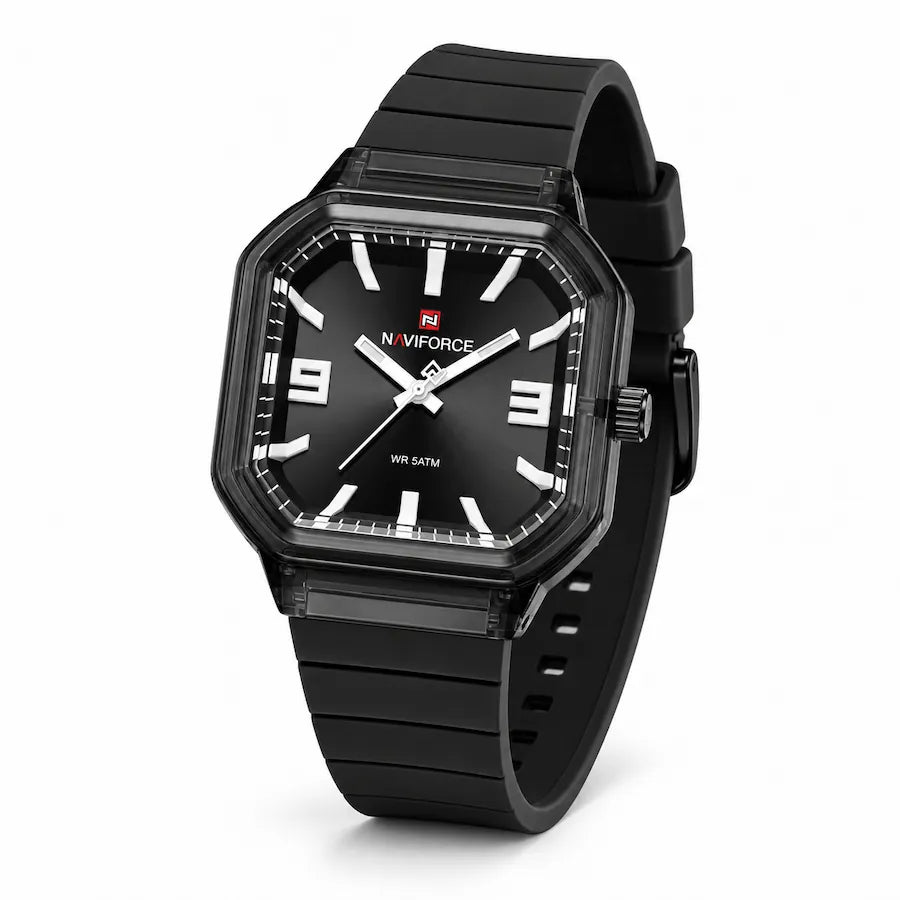 Montre Minoran NF6108, bracelet silicone noir, cadran noir, vue principale