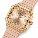 Montre Minoran NF6108, bracelet silicone nude, cadran doré, vue diagonale rapprochée