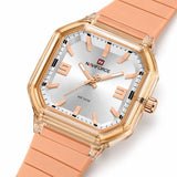 Montre Minoran NF6108, bracelet silicone pêche, cadran argenté, vue diagonale rapprochée