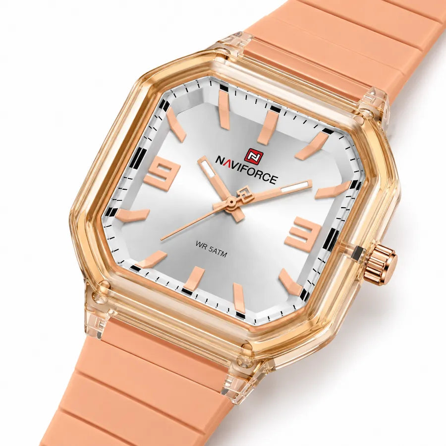 Montre Minoran NF6108, bracelet silicone pêche, cadran argenté, vue diagonale rapprochée