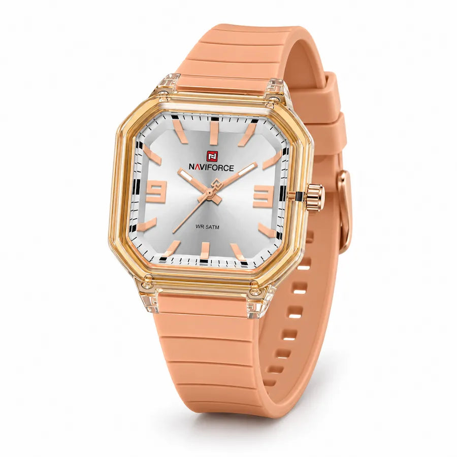 Montre Minoran NF6108, bracelet silicone pêche, cadran argenté, vue principale