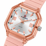 Montre Minoran NF6108, bracelet silicone rose, cadran argenté, vue diagonale rapprochée