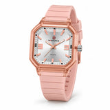 Montre Minoran NF6108, bracelet silicone rose, cadran argenté, vue principale