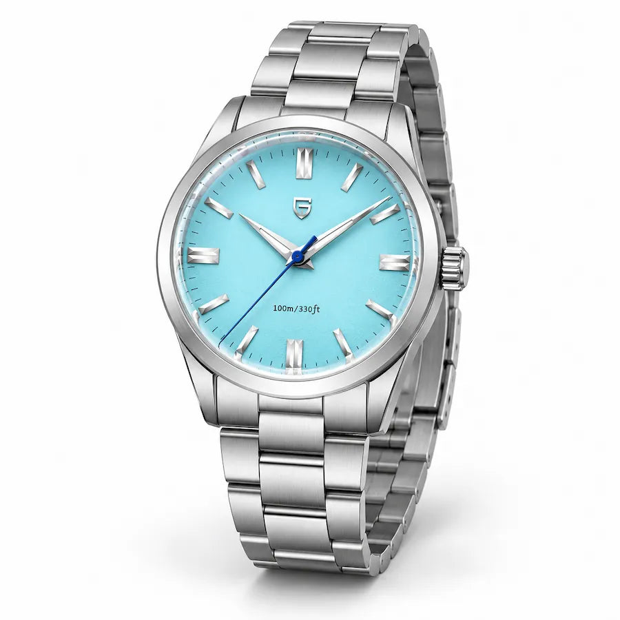 Montre femme Minoran PD-1731 argentée à cadran bleu ciel, vue studio
