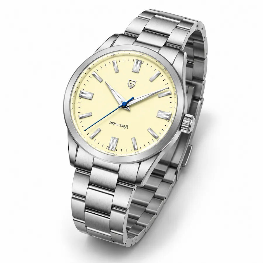 Vue en diagonale de la montre Minoran PD-1731 argentée à cadran jaune