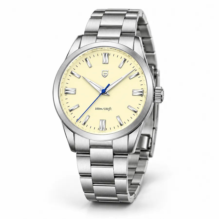 Montre femme Minoran PD-1731 argentée à cadran jaune, vue studio