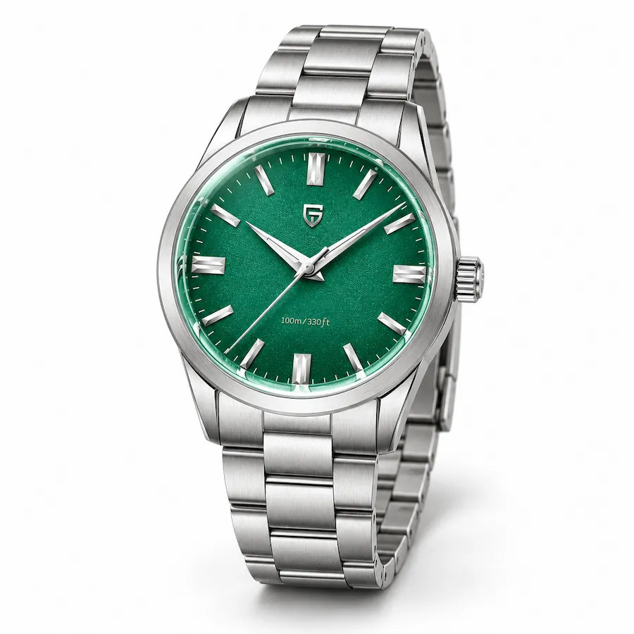 Montre femme Minoran PD-1731 argentée à cadran vert, vue studio