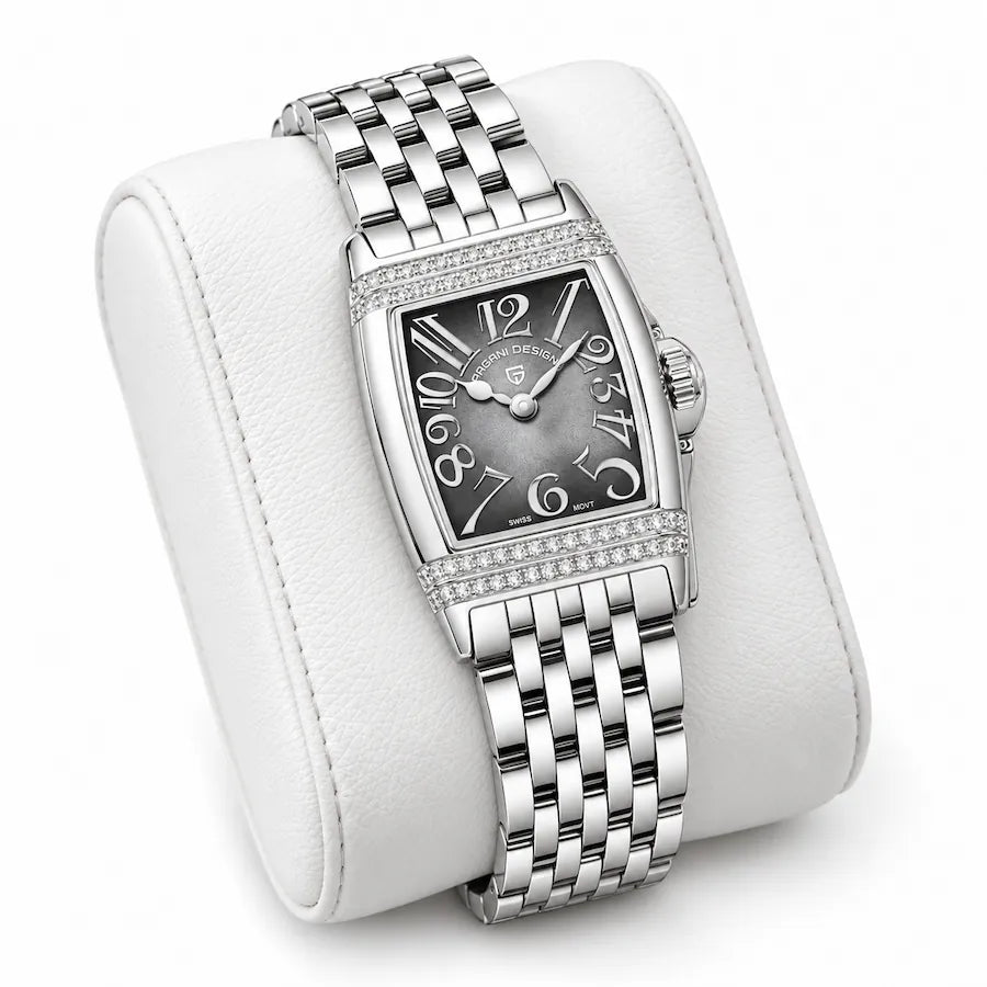 Montre Minoran PD-1737 argentée à cadran gris posée sur un coussin blanc
