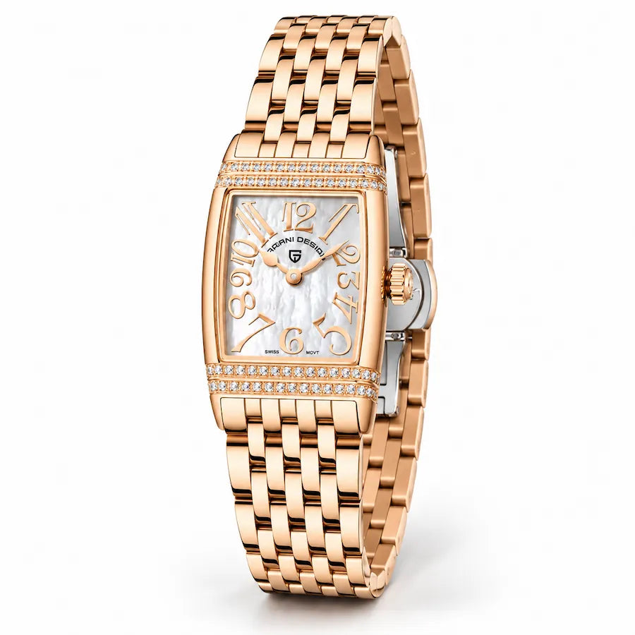 Montre femme Minoran PD-1737 dorée à cadran blanc, vue studio