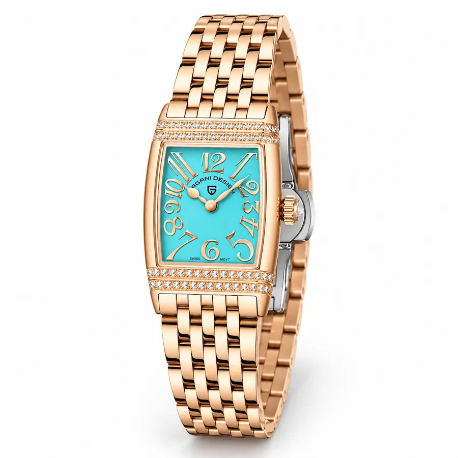 Montre femme Minoran PD-1737 dorée à cadran bleu, vue studio