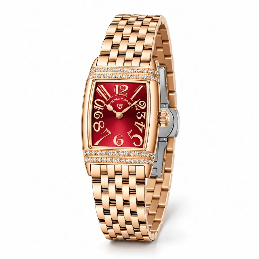 Montre femme Minoran PD-1737 dorée à cadran rouge, vue studio