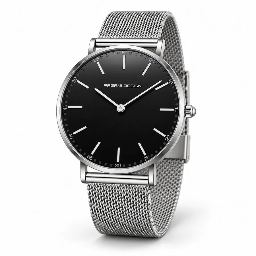 Montre femme Minoran PD-1802L argentée à cadran noir, vue studio