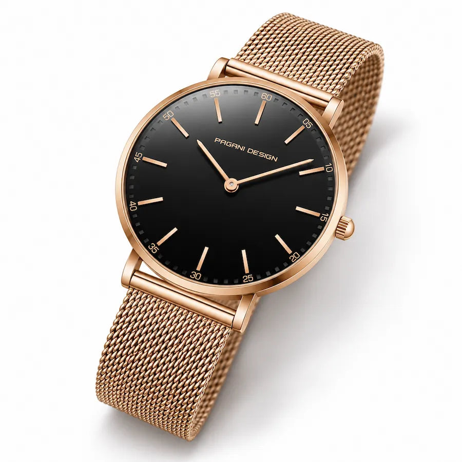 Vue en diagonale de la montre Minoran PD-1802L dorée à cadran noir