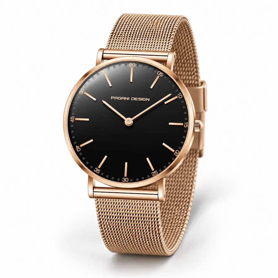 Montre femme Minoran PD-1802L dorée à cadran noir, vue studio