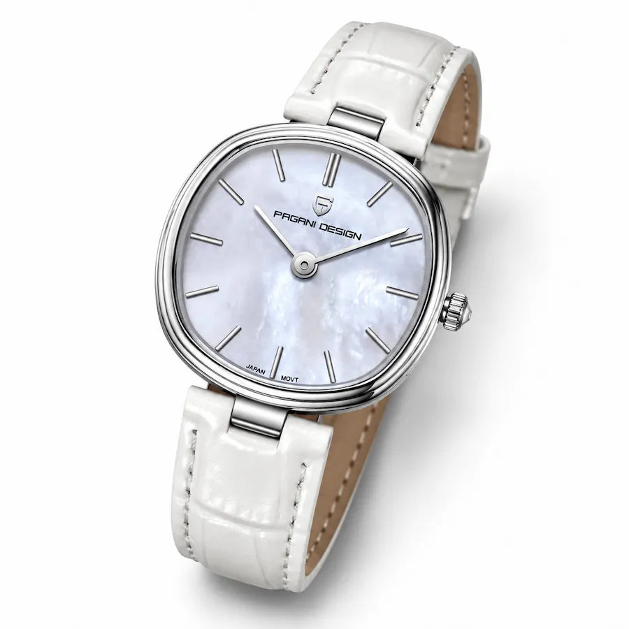 Vue en diagonale de la montre Minoran PD-1825 blanche en cuir