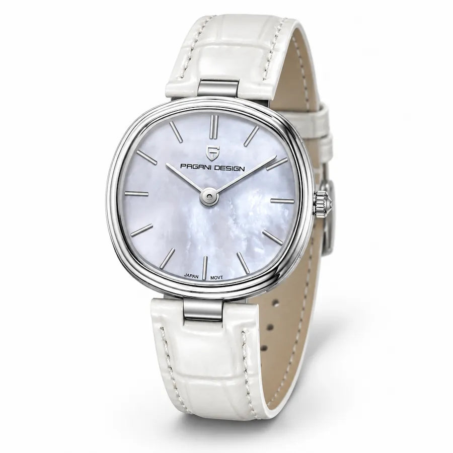 Montre femme Minoran PD-1825 blanche à bracelet en cuir, vue studio