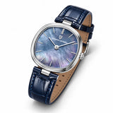 Vue en diagonale de la montre Minoran PD-1825 bleue en cuir