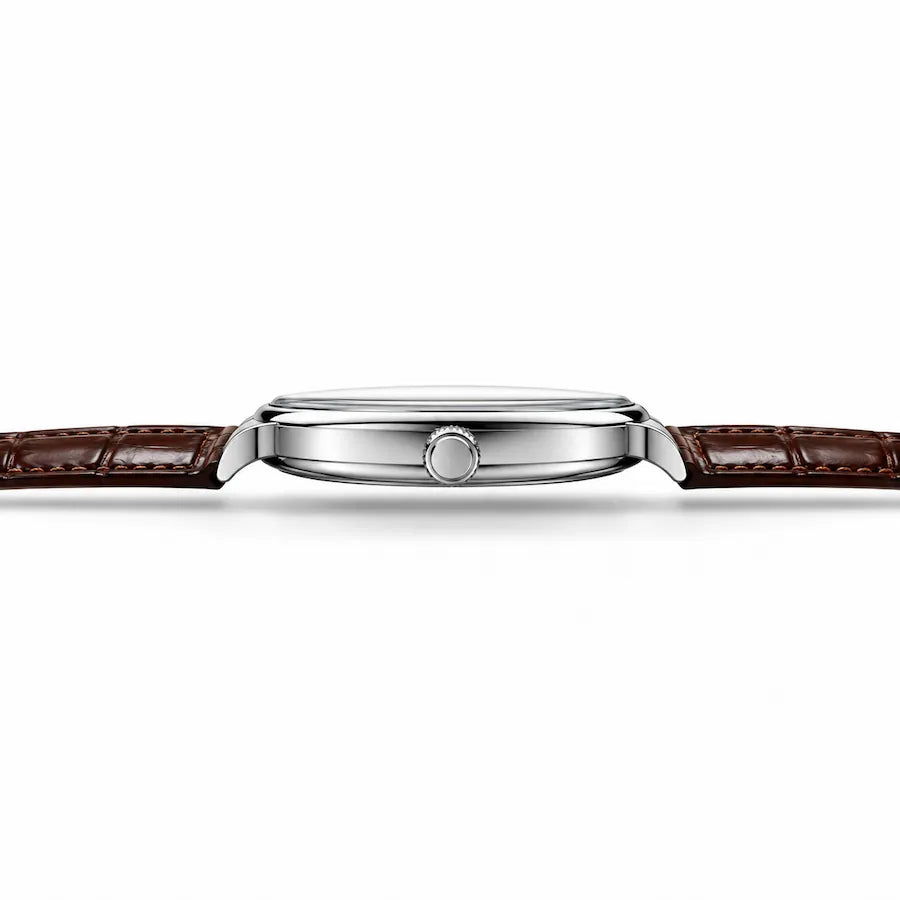 Profil du boîtier fin de la montre Minoran PD-1825 marron en cuir