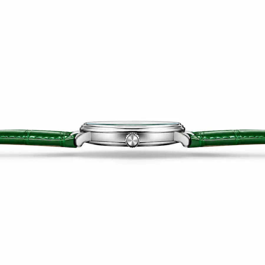 Profil du boîtier fin de la montre Minoran PD-1825 verte en cuir