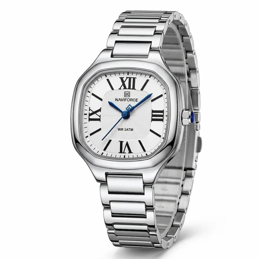 Montre femme Minoran NF5042 argentée à cadran blanc et aiguilles bleues, vue principale