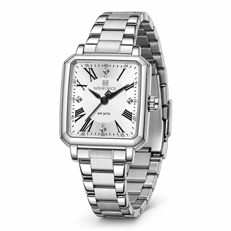 Montre Minoran NF5065 argentée à cadran blanc vue de face sur fond blanc