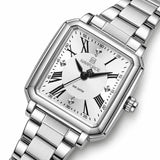 Montre Minoran NF5065 argentée à cadran blanc en zoom diagonal, avec chiffres romains et index brillants